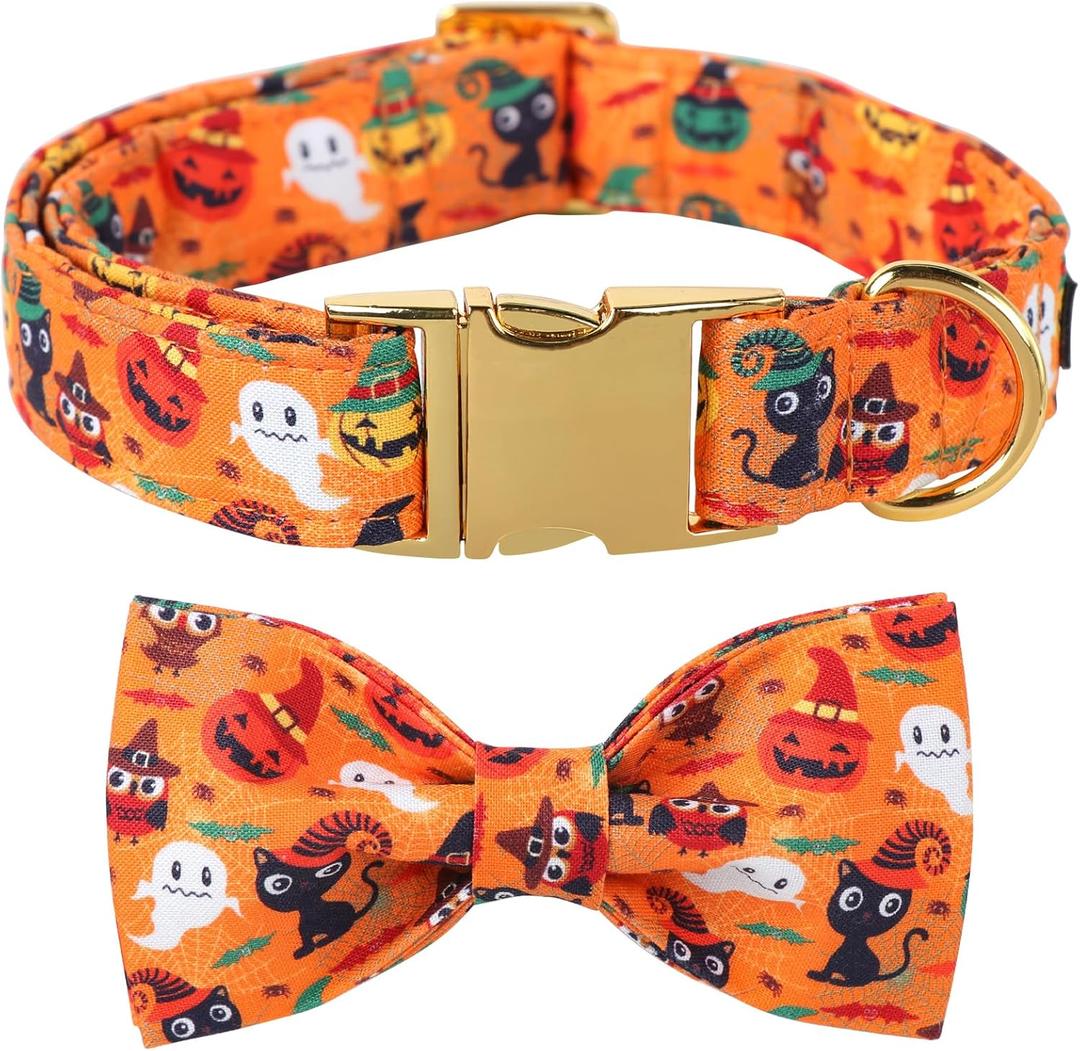 Maca Bates Halloween Dog Collar Spooky Ghost Dogs Collars with Bow Yellow Pumpkin Puppy Colar with Bowtie Adjustable Birthday Gift for XS Small Medium Large XL Girls Boys Male Female Dogs Pet