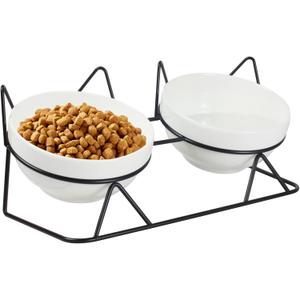 Elevated Tilted Cat Bowls for Indoor CatsRaised Ceramic Cat Bowl Elevated 15,Pet Feeding Bowls for Food and Water Anti Vomiting Bowl(Double Ceramics and Tilt Shelf) Suitable
