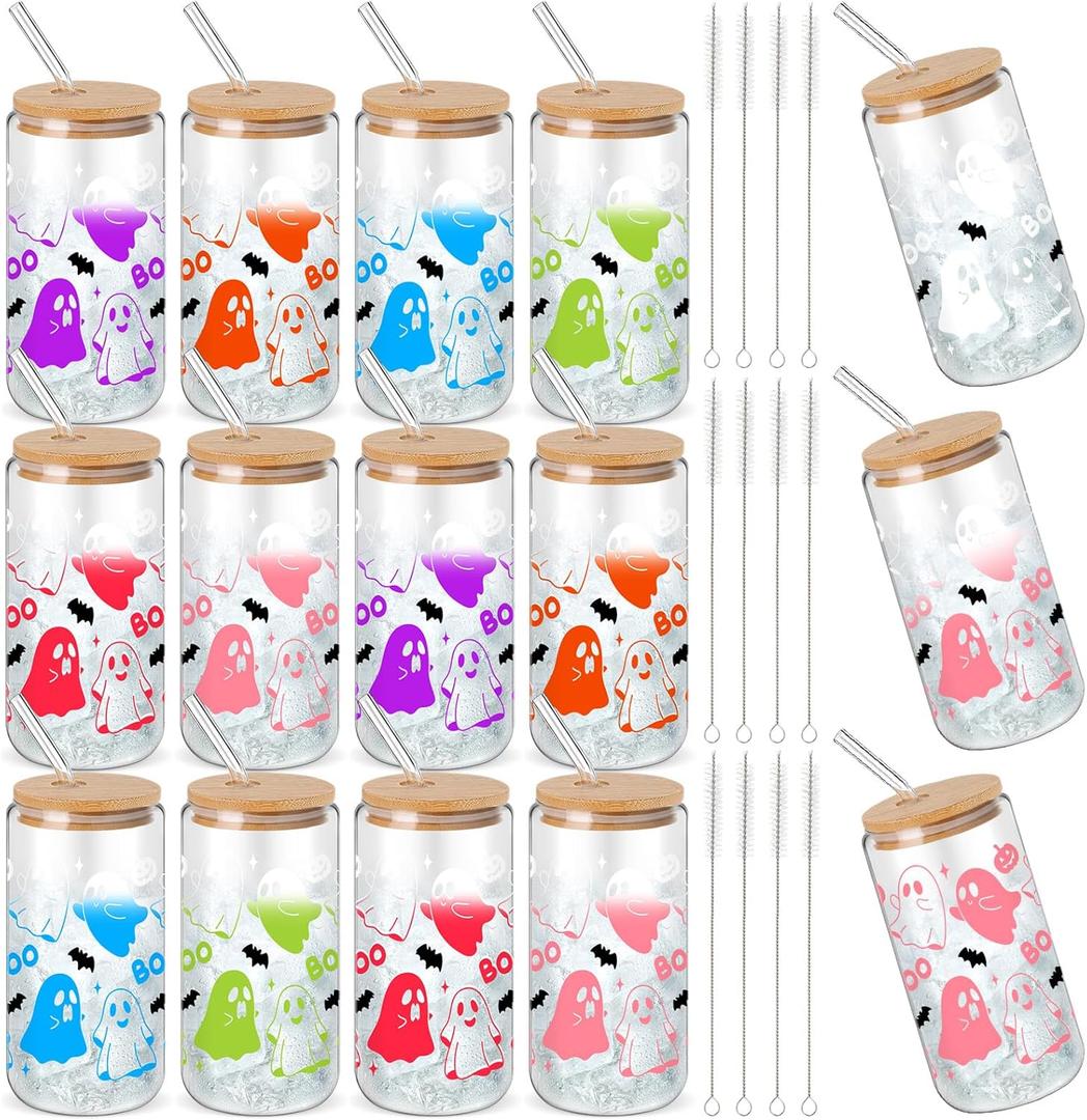 12 Pcs Halloween Glass Cups Gifts 16 oz Color Changing Ghosts Glass Tumblers with Lids Straws Brushes Funny Cute Ghosts Bat Iced Coffee Cups for Beer Soda Halloween Party Gift Supplies