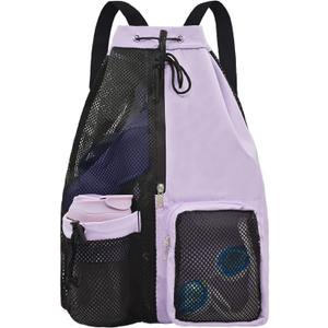 Mesh Beach Backpack with Wet Pocket Drawstring Pool Bag Waterproof Swimming Bag Gym Backpack for Men & Women (Purple)