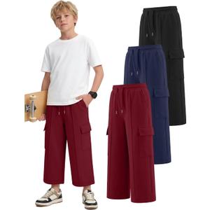 3 Pack Boys Capri Pants Drawstring Elastic Waisted Teens Cargo Joggers Pull on Casual Sweatpants with Pockets