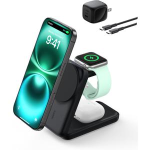Belkin MagSafe Charger Compatible, 3-in-1 Charging Station, Qi2.2 25W Magnetic Wireless Charger Dock, Foldable Charging Stand for iPhone 17/16/15, Apple Watch, AirPods, Pixel 10 (45W Adapter Included) (Black)