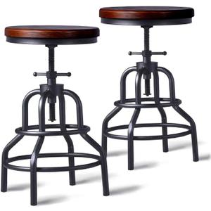 LOKKHAN Vintage Industrial Bar Stool - Rustic Swivel - Round Wood Metal - Kitchen Counter Height Adjustable - Pipe Stool - Cast Steel - 20-27 Inch (Set of 2) (Dark Walnut Wood)