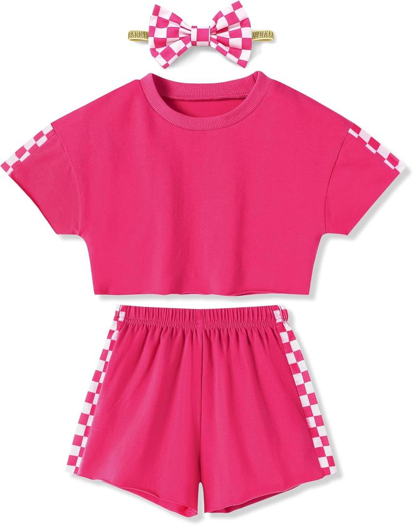 SANMIO Toddler Girl Clothes Summer 3 Piece Outfits Cute Short Sleeves Checkered Tops Shorts and Headband Girls Clothing Set (5-6 Years, Hot Pink)