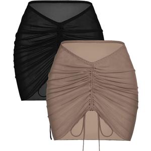 AI'MAGE 2 Pieces Women Beach Bathing Suit Cover Ups Skirt Sheer Mesh Bikini Wrap Sarong Coverup for Swimwear (Medium, A-brown + Black)