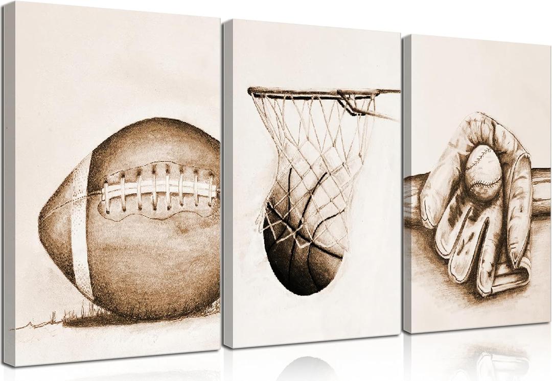 3Pcs Sports Wall Art Football Baseball Basketball Theme Painting Picture Wall Decor Vintage Sport Poster Print Artwork for Boy Room Playroom Bedroom Gameroom Home Decoration
