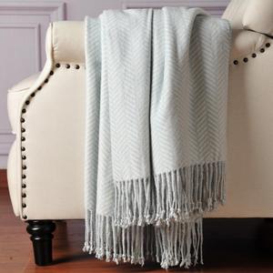 CUDDLE DREAMS Silk Throw Blanket with Hand-Knotted Fringe, Natural, Soft & Breathable (Herringbone Blue) 65x50