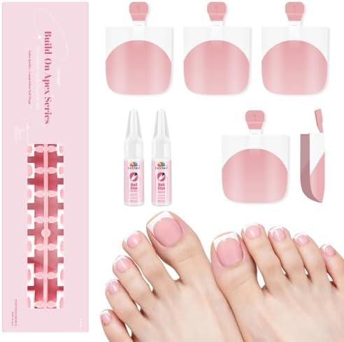 EBANKU Press On Toenails Pink French Tips, 150 Pcs Square Short Toe Nail Tips Toe Press On Nail Fake Toenail Full Cover Artificial False Nail Tips with Glue for Women Professional Home Salon DIY