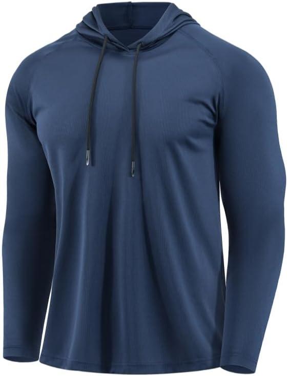 Men Quick Dry Hoodies Shirt Long Sleeve Workout Athletic Gym Pullover Hooded Shirts (Large, Navy Blue)