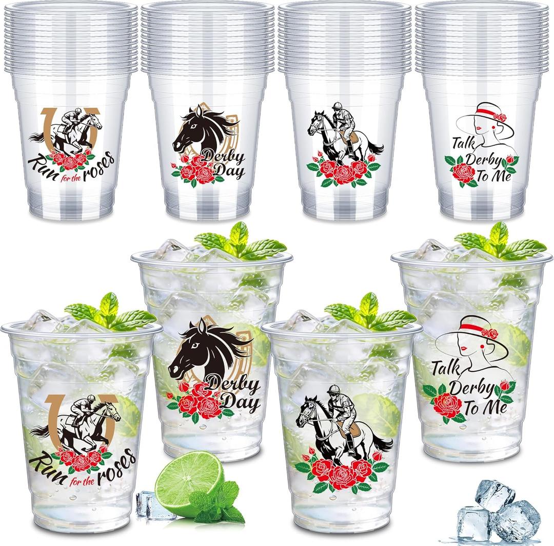 48 Pack 16 oz Derby Plastic Cups Bulk, Derby Clear Mint Julep Cups, Derby Party Supplies Plastic Cups, Derby Cups for Horse Racing Party, Plastic Derby Party Cups for Horse Party Decorations