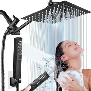 Rainfall Shower Head with Handheld Combo, Rain Shower Head with Handheld Spray 180 Adjustable with Extension Arm, 10 Inch&3 Spray Modes, Rain Shower Head Black - Easy To Install