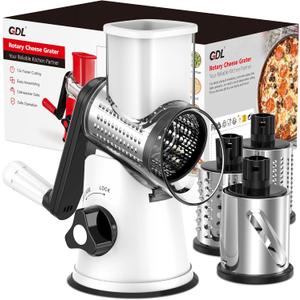Cheese Grater Rotary, Rotary Grater for Kitchen, Kitchen Grater Vegetable Slicer with 3 Drum Blades, Fast Cutting Cheese Shredder for Vegetables and Nuts (White+Black)