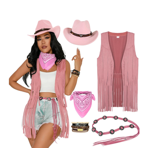 GERVAISE Womens Western Cowgirl Costume 70s Hippie Tassels Fringe Vest outfit Hat 5pcs Large