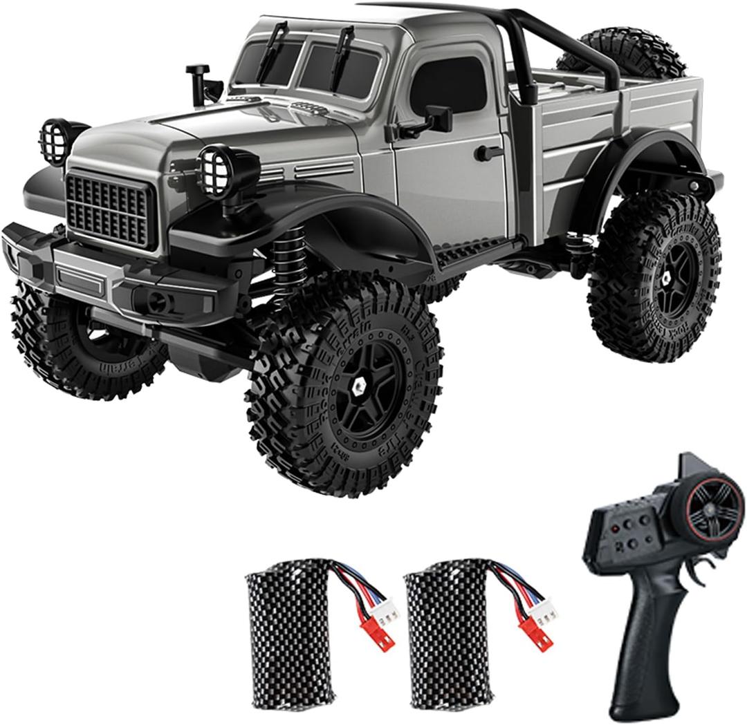 D883 RC Crawler Pickup Truck, 1:18 Scale 4WD Off-Road RC Rock Crawler with LED Lights and 2 Rechargeable Batteries for Adults (Gray)