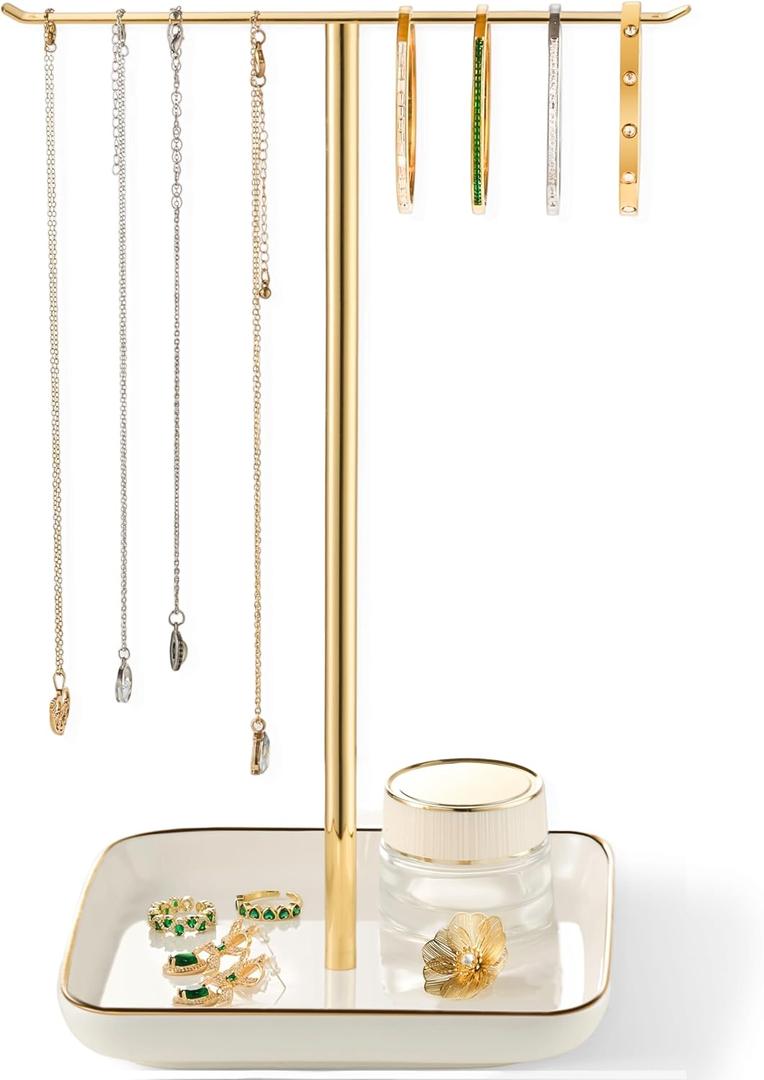 pickpiff Necklace Holder Stand with Ceramic Base: 12" Jewelry Tree Display Organizer for Necklaces, Bracelets, Rings, Earrings, Tall Gold Stand for Women, Aesthetic Room Dcor, Gold and White (6.7" base)