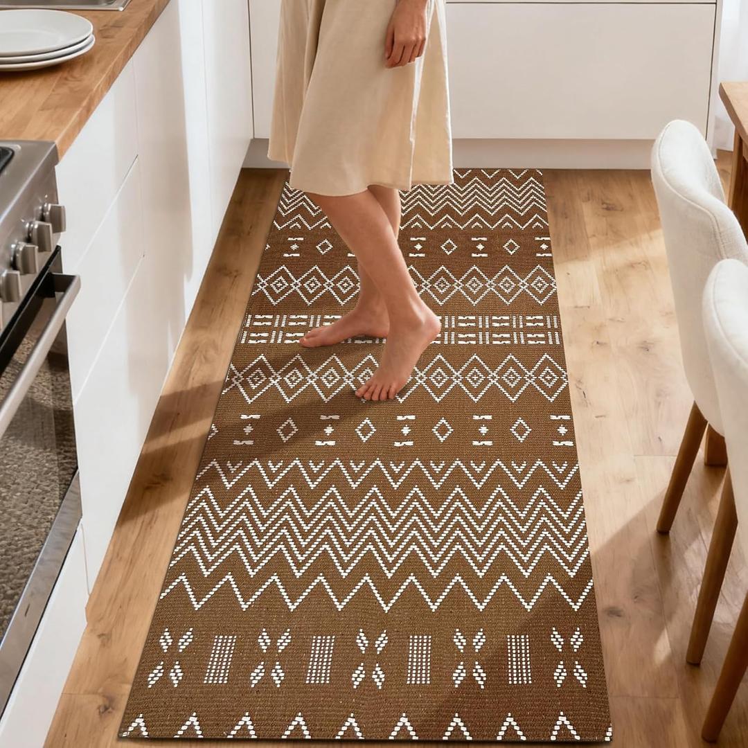 Kitchen Runner Rug, Kitchen Mats for Floor, Braided Rugs Non Slip Washable,20"x48" Boho Style, Brown and White Faux Jute Rug with Anti-Skid TPR Backing for Entryway, Bathroom, Kitchen, Bedroom