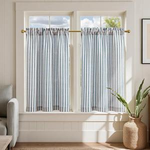 jinchan Linen Kitchen Curtains 36 Inch Length Striped Tier Curtains Ticking Stripe Small Drapes for Living Room Bathroom Cafe Small Window Farmhouse Rustic Pinstripe Rod Pocket 2 Panels Blue