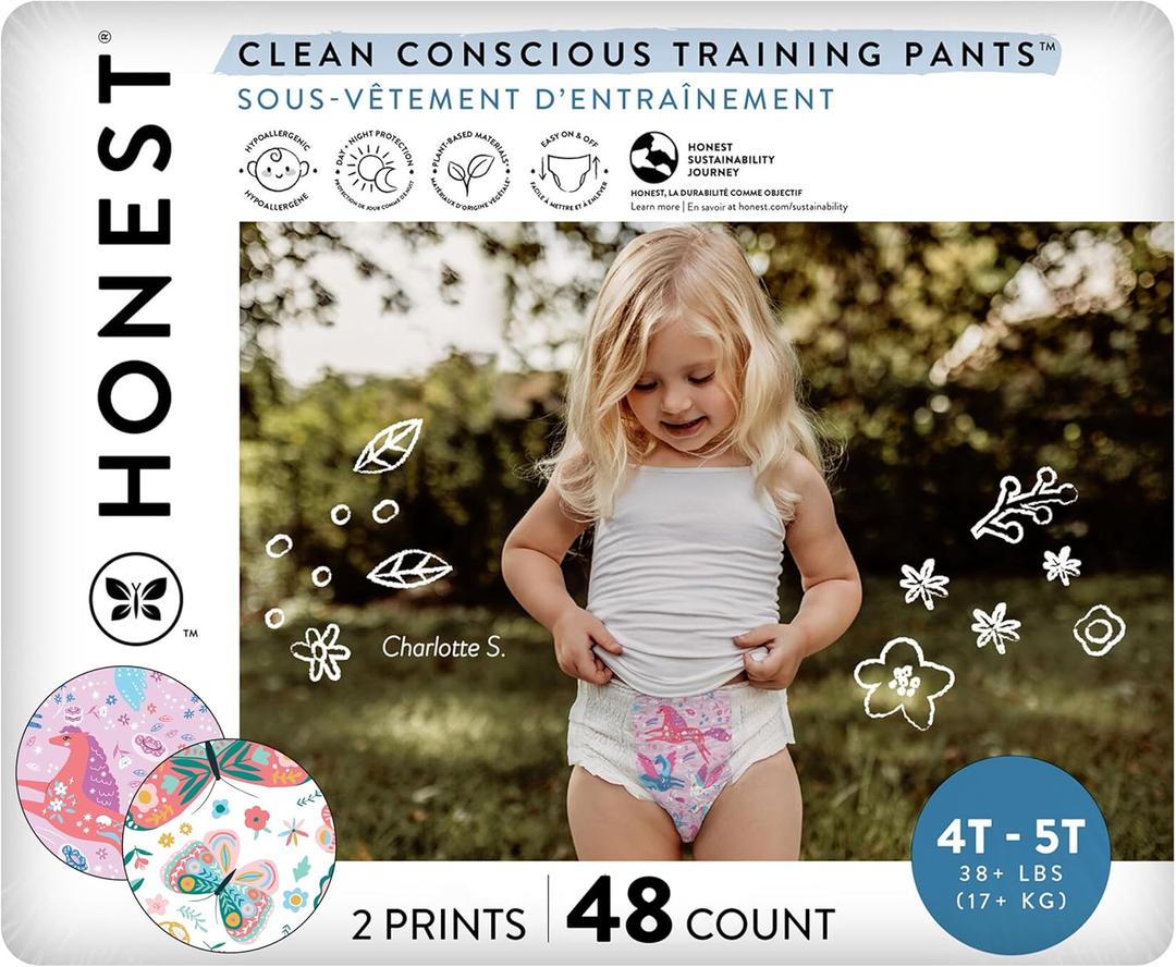 The Honest Company Clean Conscious Training Pants for Sensitive Skin | Hypoallergenic, Fragrance Free | Magical Moments + Butterfly Kisses | Size 4T/5T (38+ lbs), 48 Count