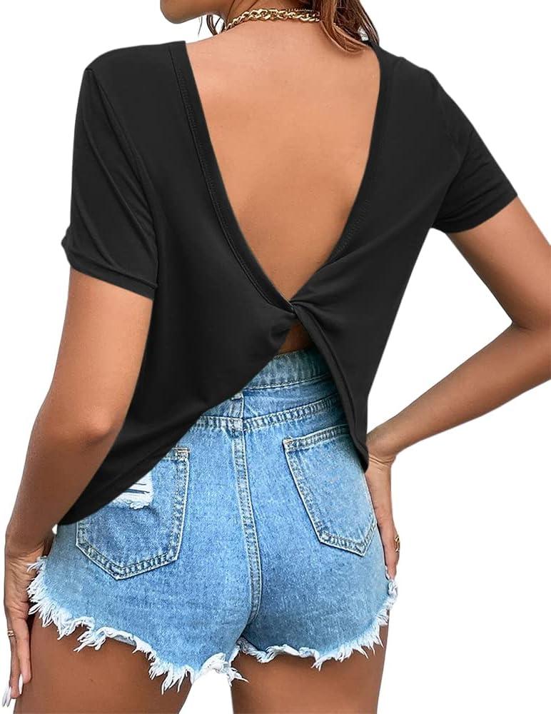 Women's Twist Backless Short Sleeve T Shirts Tops Round Neck Curved Hem Casual Workout Tee T-Shirts, Size XXL