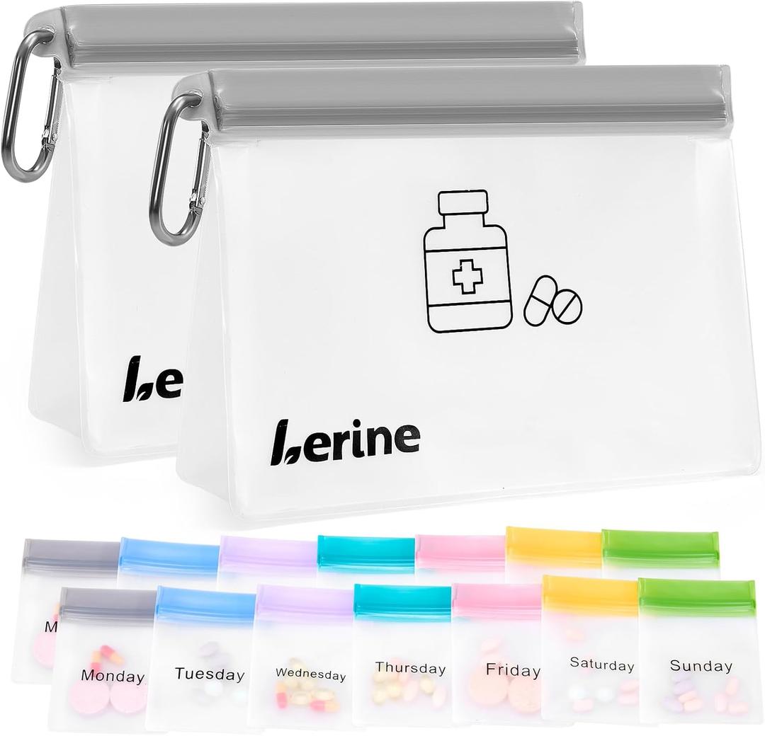 Lerine Reusable Pill Pouch Set, 14 Pill Pouch Bags for Travel, BPA Free Medicine Organizer with Labels, Self Sealing Small Baggies for Daily Vitamin, Supplement Storage