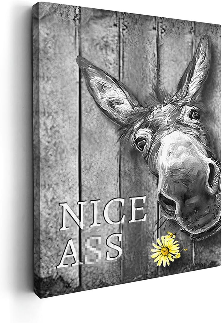 Kasluolo Donkey Bathroom Decor Wall Art Nice Funny Donkey Picture Wall Decor Farmhouse Black and White Painting Wall Dcor for Bathroom Toilet Framed Artwork 12x16 inch (16L" x 12W")