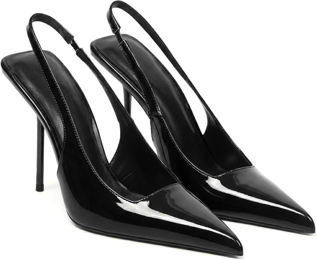 Women's Slingback Stiletto High Heels Pointed Toe Slip On Pumps Shoes Patent Leather Stretch Strap Backless Dress Heels (7.5, Black)