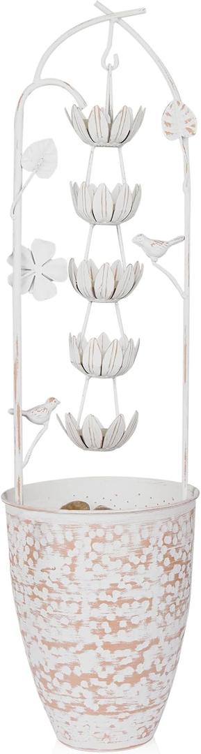 Alpine Corporation 30" Tall Metal Rustic Water Fountain with Decorative Flower, Cascading Waterfall Feature for Gardens, Patios, and Outdoor Decor, White