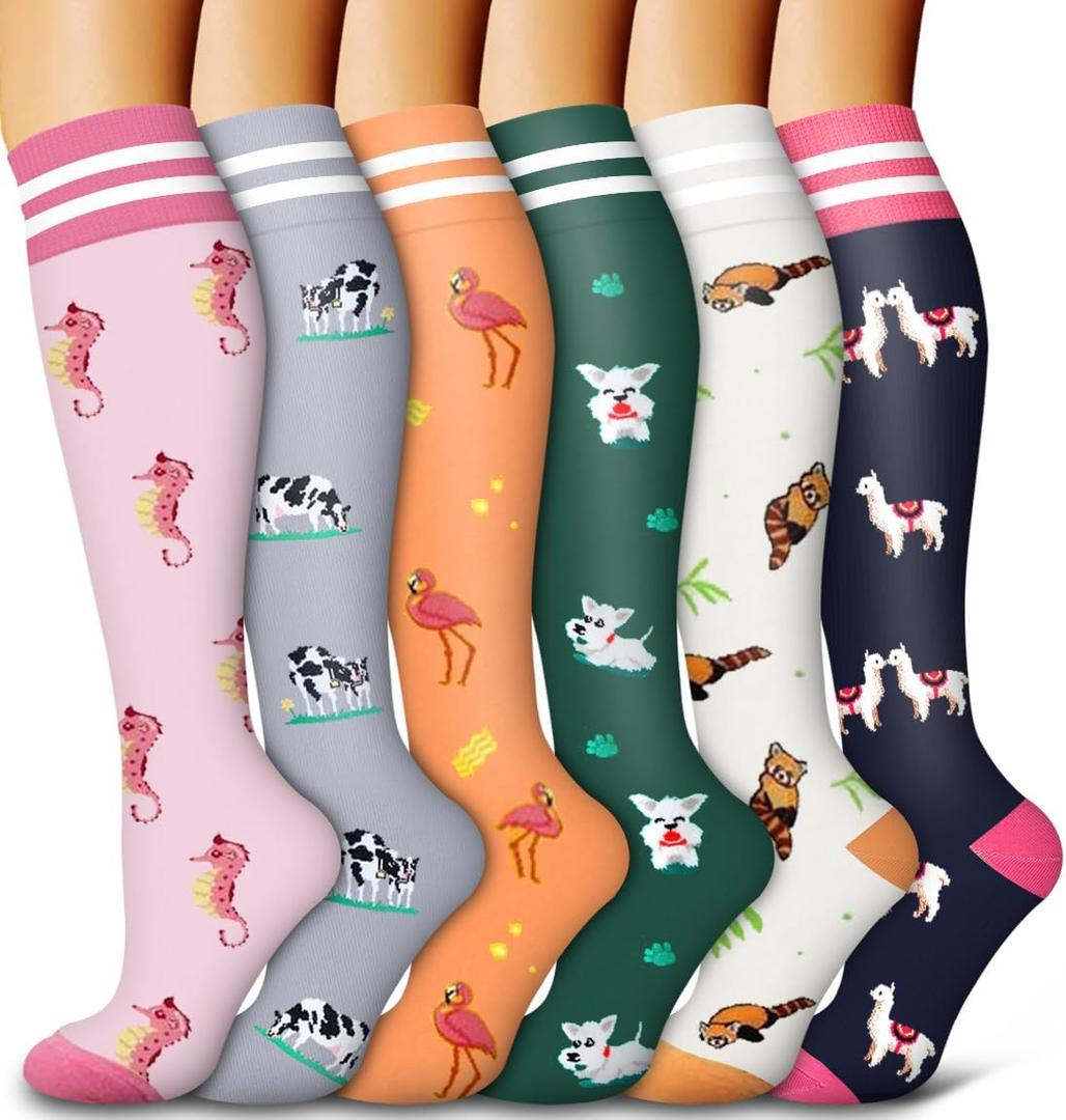 Bluemaple 6 Pack Copper Compression Socks for Women and Men Circulation-Best Support for Medical, Running,Nursing,Athletic (Large-X-Large, D-assorted1-streak Animal)