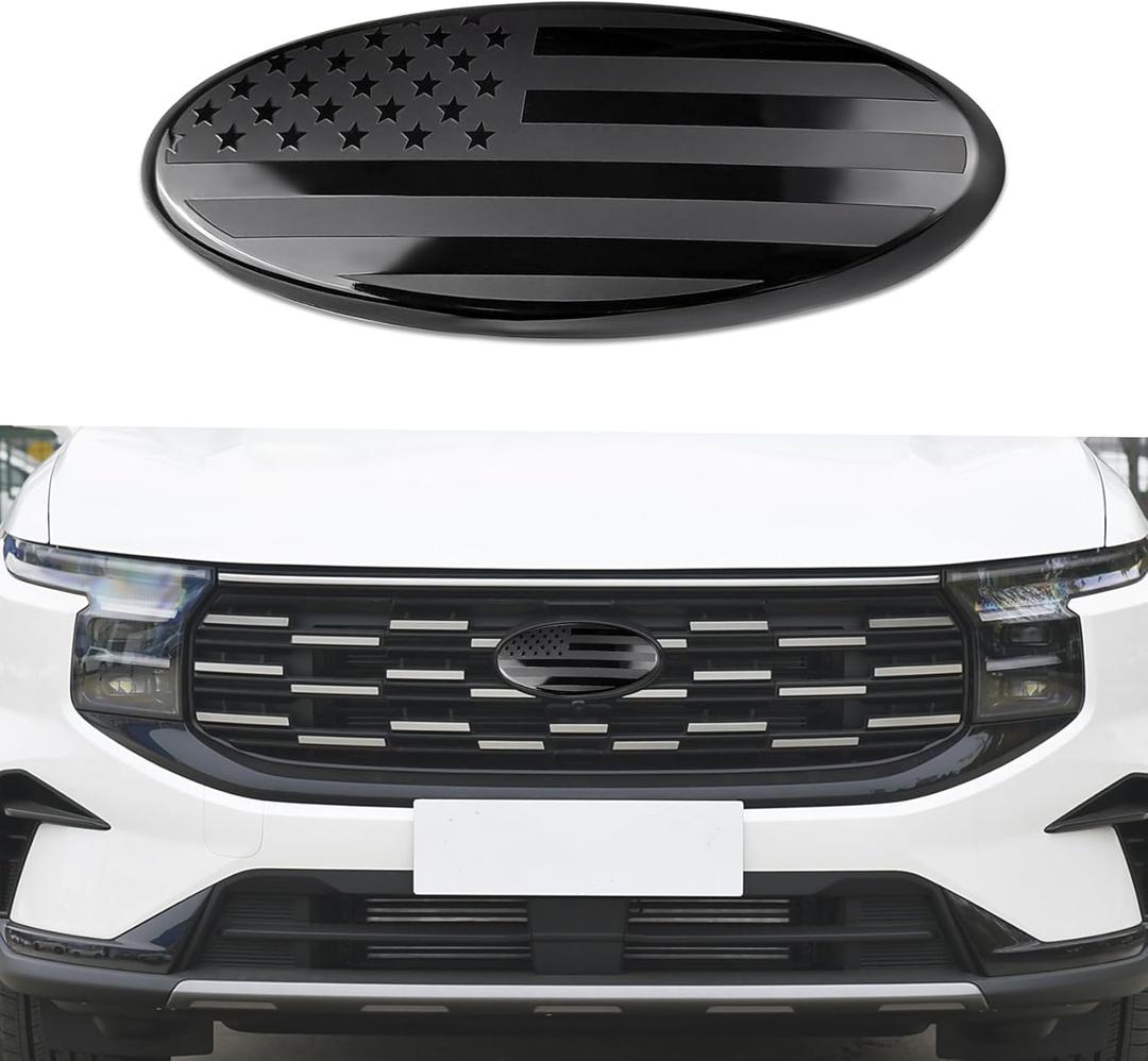 Front Grille American Flag Emblem for Ford, Tailgate Emblem, Aluminum Oval Overlay Front Grill Rear Tailgate American Flag Decal Badge, 9 Inch Emblem Fit for F150 F250 F350 (Black/Flag)