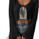 Verdusa Women's Tie Front Bell Long Sleeve Crop Cardigan Lightweight Scalloped Knit Tops (Large)