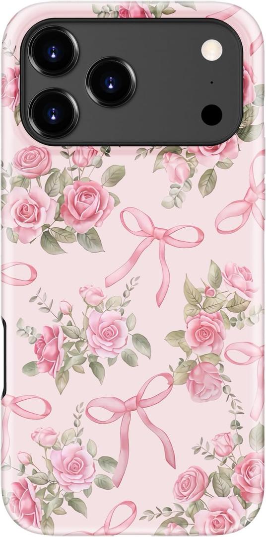 for iPhone 17 Pro Max Case, Wireless Charging Compatible, Dual-Layer Soft Silicone + Hard Shell with Cute Aesthetic Wildflower Design,Protective Phone Cover for Women - Pink Rose and Bows