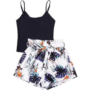 SOLY HUX Women's 2 Piece Outfits Summer Cami Top with Shorts Set (Small, Black Tropical Leaf)