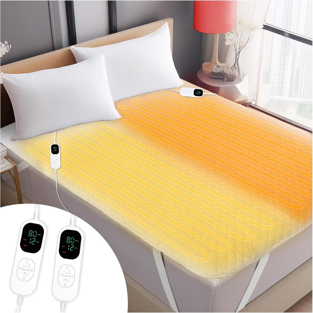 Heated Mattress Pad Queen 80"×60", Fits Mattresses up to 25.6" Deep, 10 Heat Settings, Dual Controllers, Fast Heating, Memory & Preheat Functions, 12-Hour Auto-Off