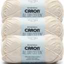 Caron All Day Cotton - 3 Pack of 173 Yards/3.52 oz Cream 100% Mercerized Cotton Yarn