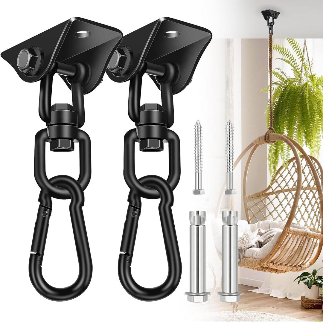 Hammock Hanging Kit 2 Pack, Porch Swing Hanging Kit 1200 Lb Capacity, Hammock Ceiling Hooks Heavy Duty 360Rotating Hanging Swing Chair Hardware for Hammock Chair Stand, Porch, Yoga, Gym (Black)