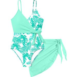 Girls Swimsuit One Piece Bathing Suit Tropical Floral with Adjustable Straps Girls'Swimwear with Cover Up 9-16T
