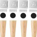 Set of 4 Nature Wood Furniture Leg, 6 Inch Round Sofa Feet Replacement Legs, Chair Bed Closet Cabinet Furniture Feet with Metal Mounting Plates, Screws, Floor Protector Pads for Table Couch