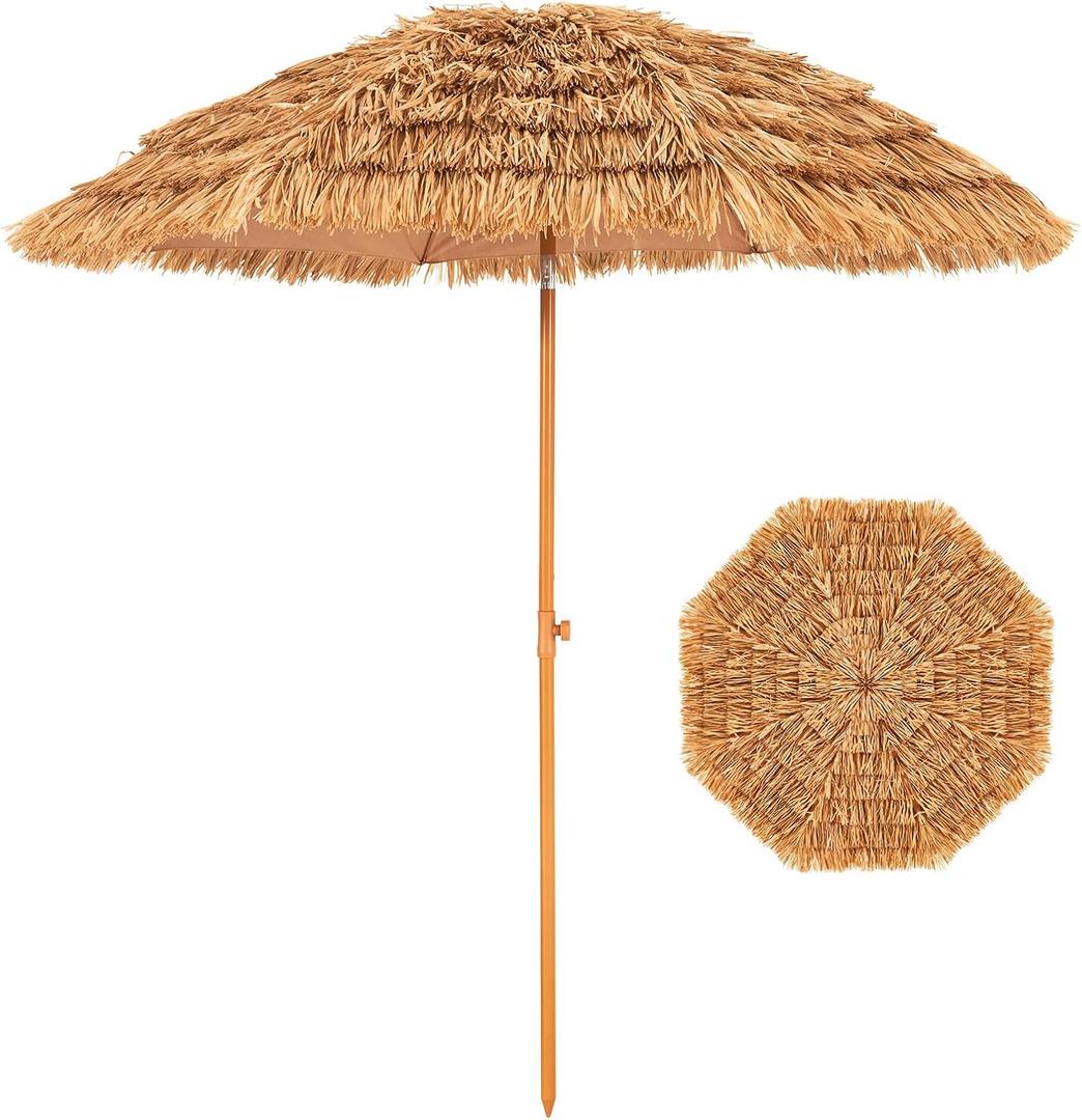 Aoxun 7.5 FT Thatched Tiki Umbrella with Tilt, Patio Beach Umbrella for Outdoor Tiki Bar, Tropical Palapa, Backyard, Poolside, Garden, Hawaiian Style (Straw)