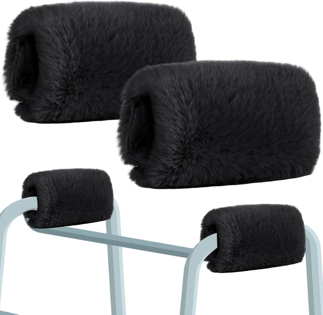 Threlaco 2 Pcs Walker Handle Cushions Fluffy Walker Hand Pads Universal Padded Rollator Hand Cover for Folding Rolling Wheelchair, Senior, Elderly Grippers, with 2 Extra Foam Pads(Black)