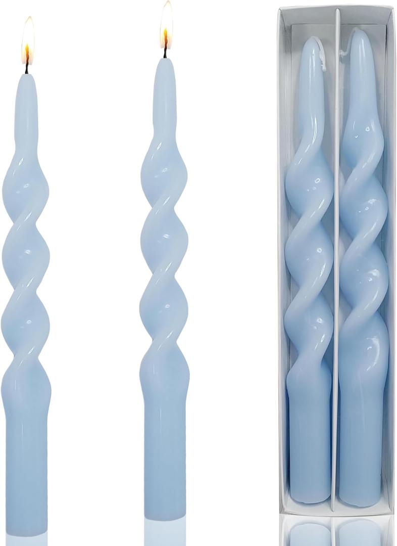 10 Inch Light Blue Spiral Taper Candles Unscented Smokeless Candles 2 Pack Hand Poured Twisted Candle for Dinner Coastal Wedding Home Decor Meditation Space Yoga