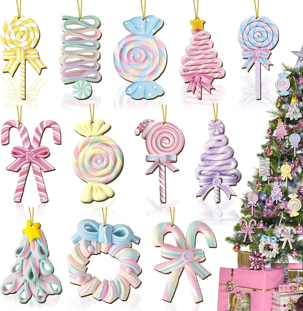 24Pcs Christmas Pastel Candy Ornaments Lollipop Xmas Tree Wooden Ornaments Peppermint Candy Cane Hanging Wood Sign Crafts Reusable Christmas Tree Decor for Holiday Party Home Decor Gifts, 12 Styles