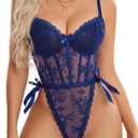 Avidlove Women Teddy Lingerie Deep V Lace Bodysuit Lingerie One Piece Mini Babydoll Satiny Side Bow (Blue, S)