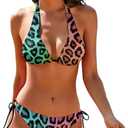 Women's Leopard Print Swimsuit Halter Padded Top Tie Side Bottom Triangle Bikini Sets (M)