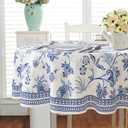 Blue Floral Oval Tablecloth 54x72 Inch, Blue and White French Country Tablecloth, Rustic Floral Polyester Waterproof Tablecloth for Farmhouse Kitchen Decor/Indoor and Outdoor Tables/Parties/Picnics