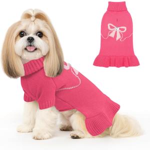 YUDODO Valentines Bowknot Dog Sweater Dress for Small Dogs Girl, Stretchy Pet Sweaters Pullover Coats, Fall Winter Warm Dog Turtleneck Sweater (Pink, L)