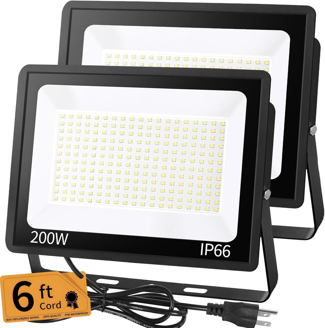 200W LED Flood Light Outdoor with 6ft Plug, 24000LM Brighter Exterior Security Lights, 5000K Daylight LED Work Light, IP66 Waterproof for Yard, Garage, Stadium, Lawn, 2 Pack