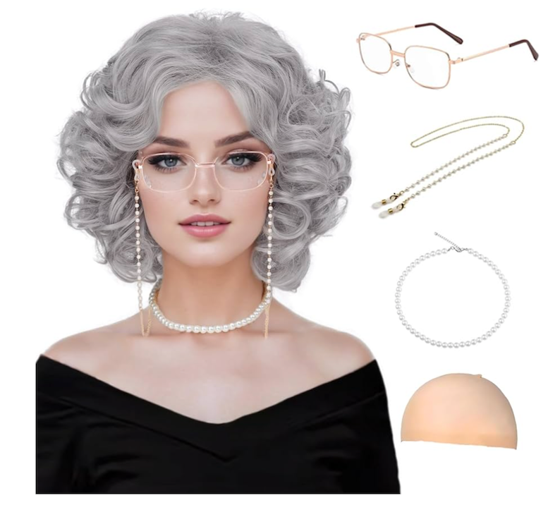 Guree Hair Old Lady Wigs for Women, Grey Wigs for Granny Grandma Costume-Gray Wig, Wig Cap, Madea Granny Glasses, Eyeglass Retainer Chain, Pearl Necklace (5pcs Set)