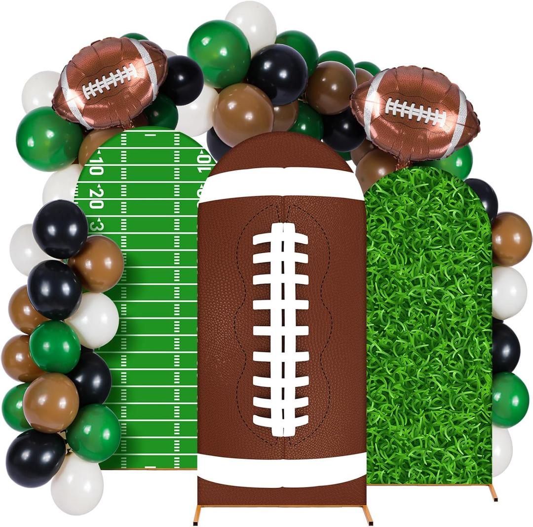 34 Pieces Football Party Decorations 4ft 5ft 6ft Football Spandex Arch Backdrop Cover Dark Green Black Beige Brown Foil Balloons for Sports Game Birthday Party Decor