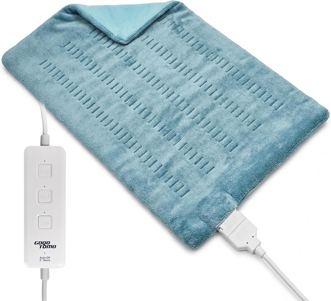 GOQO TOMO Electric Heating Pad for Back Pain & Cramps Relief, 12 x 24 Inch,Soft Plush Fabric, Machine Washable, Auto Shut Off-Green(G01)