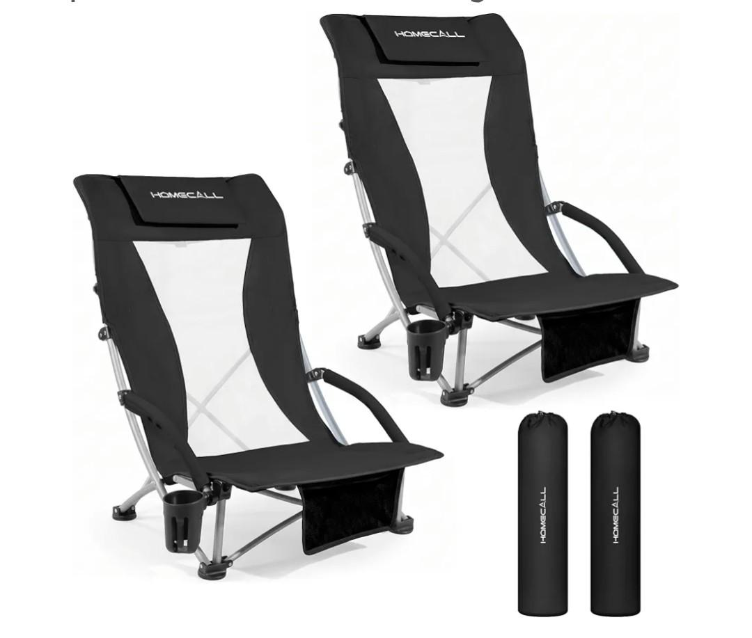 2 Pack Low Beach Chairs for Adults with High Back, Support 400LBS
Portable Beach Chair with 3-Position Adjustable Upper Backrest, Neck Support & Cup Holder for Beach, Caming, Black